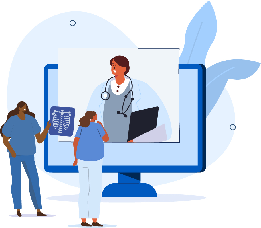 01-What-to-expect | WVU Medicine Illustration of a doctor on a computer screen reviewing an X-ray with a patient and a nurse standing nearby