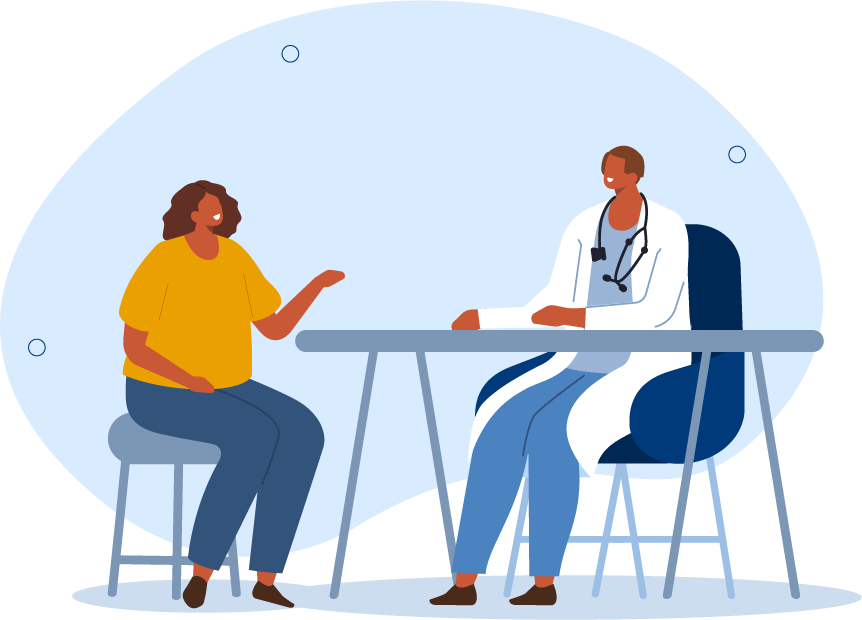 Illustration of a patient seated at a desk talking with a doctor during an in-person appointment