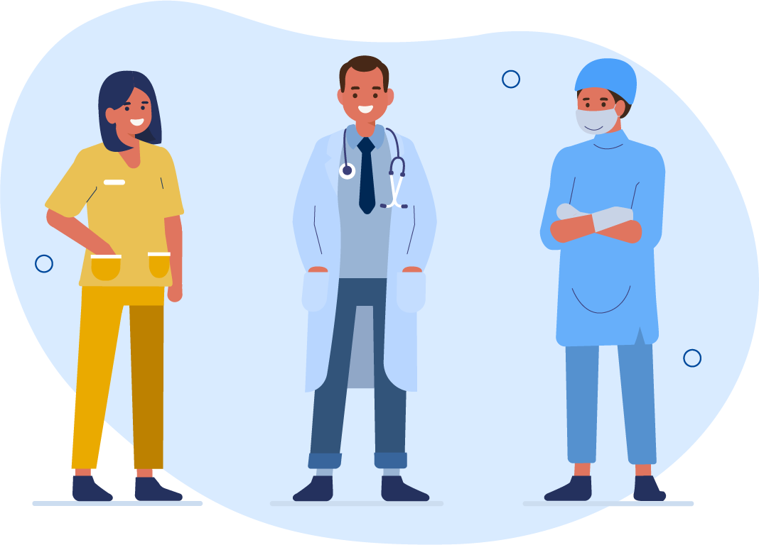 Illustration of three healthcare professionals: a nurse, a physician in a white coat, and a surgeon in scrubs