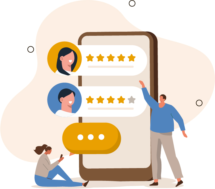 02-Provider-types | WVU Medicine Illustration of people viewing and rating healthcare providers on a large smartphone screen