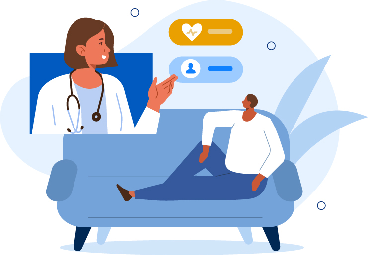 Illustration of a patient sitting on a couch having a virtual visit with a doctor shown on a screen