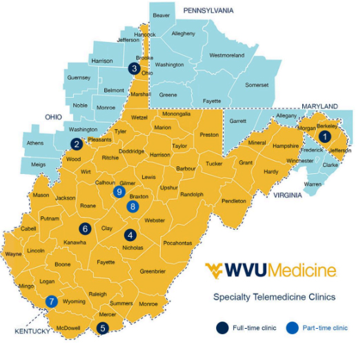 Map of West Virginia and surrounding states showing nine numbered WVU Medicine specialty telemedicine clinic locations